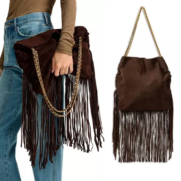 Veronica Beard Large Suede Fringe Slouch Shoulder Bag - Picture 1 of 16